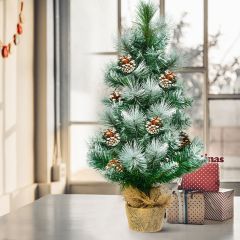 Costway  60 cm Árbol de Navidad Nevado con Piñas Decorativas Base Estable en Cemento y Lino Decoración para Interior y Escritorios