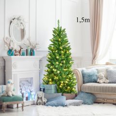 Costway 1,5m Árbol de Navidad Iluminado con 300 Ramas 150 Luces Blancas y Cálidas Fácil de Montar Perfecto Como Decoración Verde