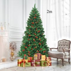 Costway 2m Árbol de Navidad  Iluminado con 1100 Ramas Piñas Decorativas y Bayas Rojas para Casa Oficina Tiendas y Hotel 