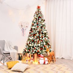 Costway 225 cm Árbol de Navidad Artificial Pino Nevado Iluminado con Bisagra 550 Luces Led Base Plegable de Metal
