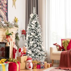 Costway 180 cm Árbol de Navidad Artificial Nevado Fino con 471 Bayas Blancas y Estrellas de Navidad Base de Metal Plegable