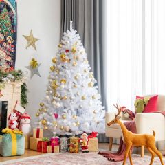 Costway 180 cm Árbol de Navidad Artificial con 1477 Ramas Base Plegable de Metal Árbol Decorativo de Bisagra Fácil de Montar Blanco