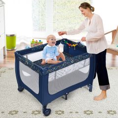 COSTWAY Parque Multifuncional para Niños Cuna Portátil Plegable de Bebé con 2 Ruedas Centro Actividad 125 x 65 x 76 cm Azul