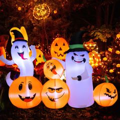 Costway Decoración Inflable de Halloween 4 Calabazas y 2 Fantasmas 6 Luces LED con Soplador para Fiestas de Interior y Exterior