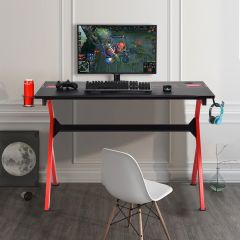 Costway Escritorio de Gaming Mesa de Juego en Fibras de Carbono Mesa Ergonómica para Ordenador con Forma de R para Aficionados de Videojuegos Negro + Rojo 115 x 66 x 77 cm