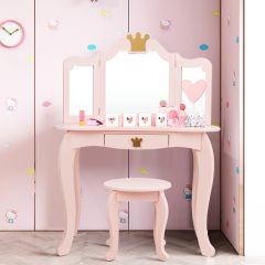 Costway Equipo Tocador y Silla para Niñas con Cajón y Espejo en 3 Partes Rosa 80 x 42 x 106 cm 