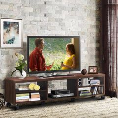 Costway Mueble TV con Repisas Centro Diversión para TV hasta 140 cm Stand Universal Moderno y Compacto con Ruedas 150 x 32 x 40 cm Marrón