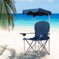 Costway Silla de Camping Plegable con Toldo de Sombra y Portavasos Silla de Playa Carga hasta 120 kg para Patio Playa Campamento al Aire Libre Azul 53,5 x 53,5 x 130 cm