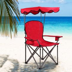 Costway Silla de Camping Plegable con Toldo de Sombra y Portavasos Silla de Playa Carga hasta 120 kg para Patio Playa Campamento al Aire Libre Rojo 53,5 x 53,5 x 130 cm