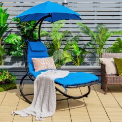 COSTWAY Silla Hamaca con Parasol Tumbona de Exterior en Acero Cojín Removible para Playa Piscina Patio 184 x 147 x 187 cm Azul