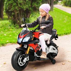 Costway Moto Montable 12 V con Ruedines para Niños Moto Aprilia Eléctrica con Luces Led Música Juguete Montable para Niños de +3 Años Rojo