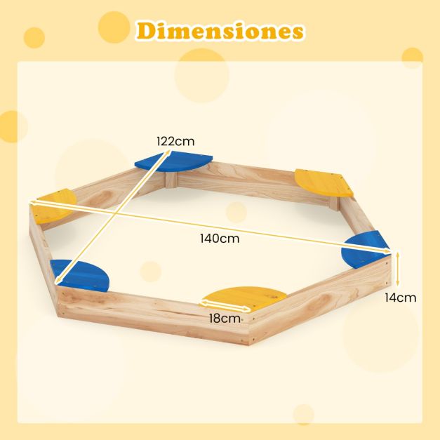 Arenero Infantil De Madera De Abeto Hexagonal | 6 Asientos Integrados Y 75 Kg De Capacidad | Sin Fondo Para Drenaje