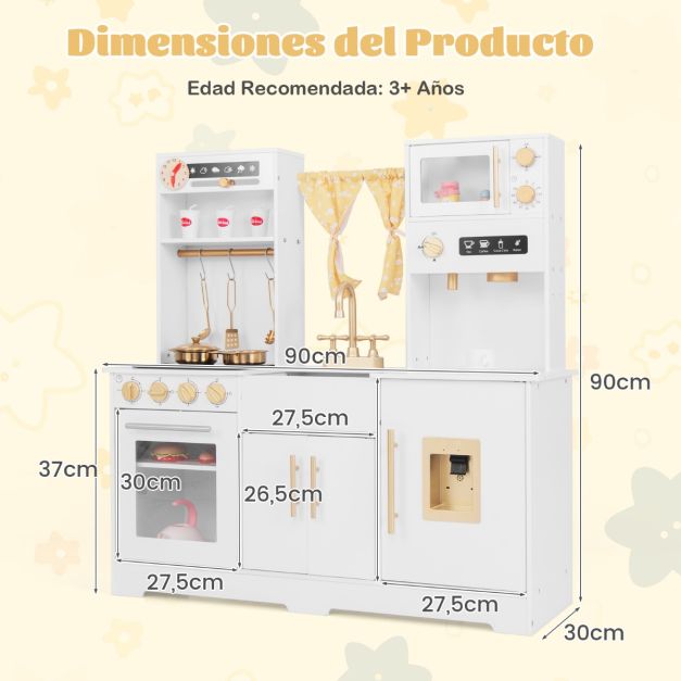 GOPLUS Cocina De Juguete De Madera Con Luces, Sonidos Y Dispensador De Agua - Electrodomésticos Simulados, Fregadero, Microondas Y Lavadora, Regalo Educativo Para Niños +3 Años