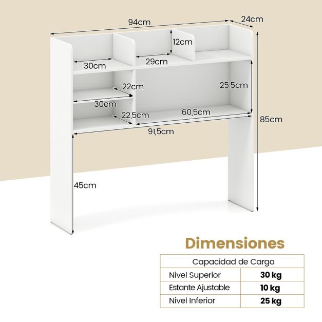 Estante De Escritorio De 4 Niveles – 37.5 Pulgadas Largo, Soporta Hasta 66 Lbs, Blanco Y Dorado – Organizador Para Hogar U Oficina