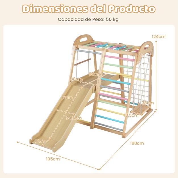 COSTWAY 8 en 1 Gimnasio Infantil, Juego de Escalada Montessori de Madera con Tobogán, Barra, Columpio, Escalera de Cuerda, Plataforma, Escalera y Red, Parque Interior Exterior para Niños (Multicolor COSTWAY 8 en 1 Gimnasio Infantil, Juego de Escalada Montessori de Madera con Tobogán, Barra, Columpio, Escalera de Cuerda, Plataforma, Escalera y Red, Parque Interior Exterior para Niños (Multicolor