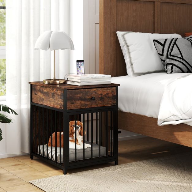 Jaula Para Perros BingoPaw De Madera Y Metal: Mesita Auxiliar Vintage Con 3 Puertas Y Bandeja Extraíble