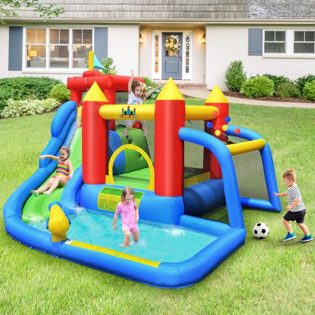 Castillo Hinchable AONESY Con Tobogán De Agua, Rociadores, Piscina, Zona De Fútbol Y Canasta De Baloncesto, Para Interior Y Exterior, Niños De 3 A 8 Años
