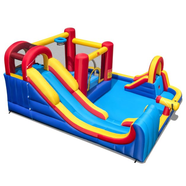 COSTWAY Castillo Hinchable Grande Con Tobogán Y Piscina – Parque Acuático Infantil De 450x392x216 Cm, Con Aro De Baloncesto Y Zona De Saltos