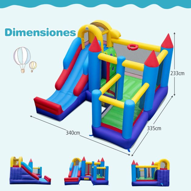COSTWAY Castillo Hinchable Infantil Con Tobogán, Pared De Escalada Y Aro De Baloncesto – 340x335x233 Cm – Incluye Soplador De 680W Y Kit De Reparación