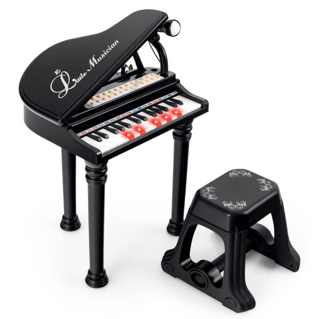 COSTWAY Teclado Electrónico Infantil De 24 Teclas Con Batería DJ, Micrófono, MP3, Luces LED Y Taburete – Juguete Musical Educativo Para Niños +3 Años (Azul)
