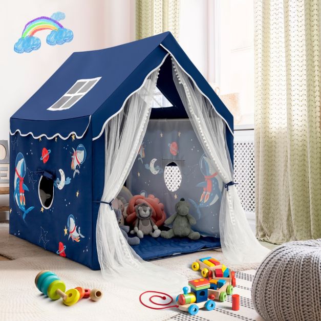 Tienda De Campaña Infantil HOMASIS Con Alfombra Acolchada Extraíble, 4 Ventanas De Malla Y Cortinas, Azul, 121x105x137 Cm, Para Niños A Partir De 1 Año
