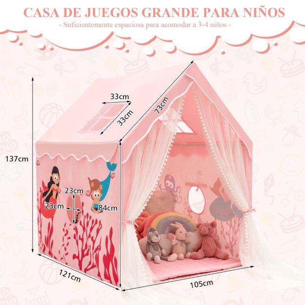 COSTWAY Tienda De Campaña Infantil De Interior Con Alfombra Acolchada Extraíble, Puerta De Gasa Y Ventanas De Malla, Color Rosa Con Motivos De Dibujos Animados