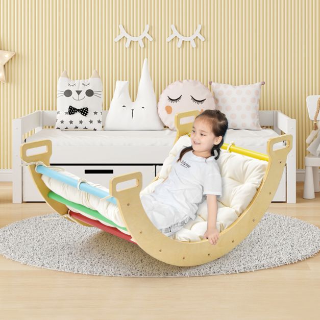 COSTWAY 2 in 1 Climbing Triangle with Soft Cushion, Double-Sided Climbing Arch, Climbing Toy and Wooden Rocker for 1 Year Old Kids for Kindergartens (Multicolor COSTWAY 2 in 1 Climbing Triangle with Soft Cushion, Double-Sided Climbing Arch, Climbing Toy and Wooden Rocker for 1 Year Old Kids for Kindergartens (Multicolor