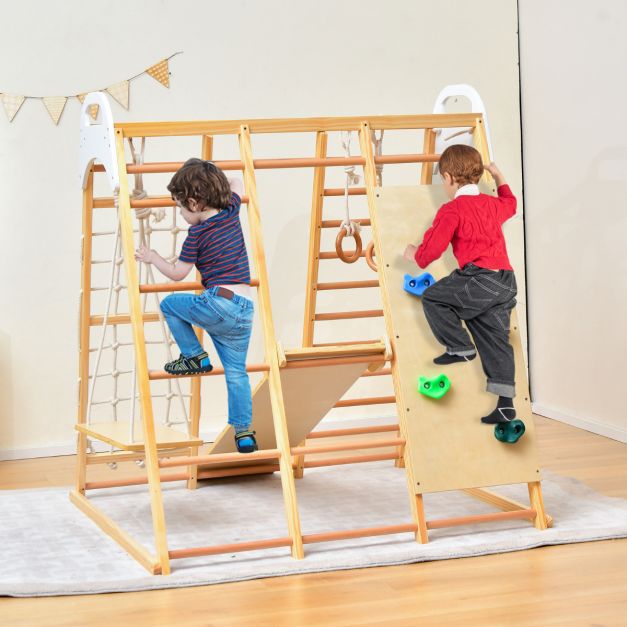 COSTWAY Gimnasio Infantil para Interior 8 en 1, Parque Infantil de Madera Montessori para Escalar con Barras de Mono, Tobogán Desmontable, Columpio, Escalera de Cuerda (Natural COSTWAY Gimnasio Infantil para Interior 8 en 1, Parque Infantil de Madera Montessori para Escalar con Barras de Mono, Tobogán Desmontable, Columpio, Escalera de Cuerda (Natural