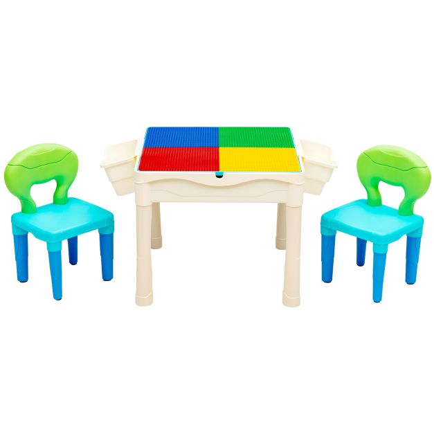 tamaño: 51 x 51 x 42,5 cm Frifer Mesa de juegos multifunción 6 en 1 para niños con 2 sillas extraíble 4 cajas de almacenamiento 83 bloques de colores tamaño grande 
