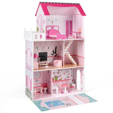 COSTWAY Cocina De Juguete De Madera Rosa – Con Microondas, Campana, Fregadero, Horno Y 18 Accesorios, Para Niños De 3 A 6 Años