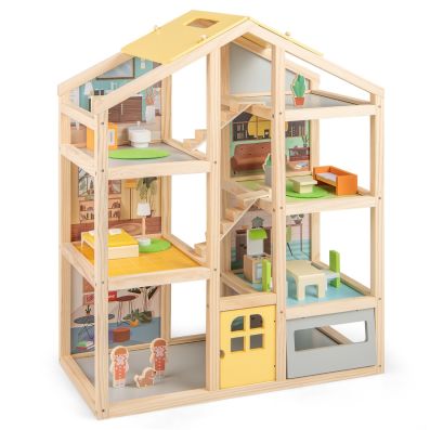 Casa De Muñecas Esquinera De Madera COSTWAY – 3 Pisos, 6 Habitaciones, 41 Muebles Y Accesorios, Techo Rosa