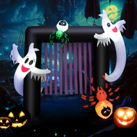 Costway Arco Hinchable de Halloween Decoración Festiva Inflable con 2 Fantasmas Embrujados y 2 Arañas con Luces LED