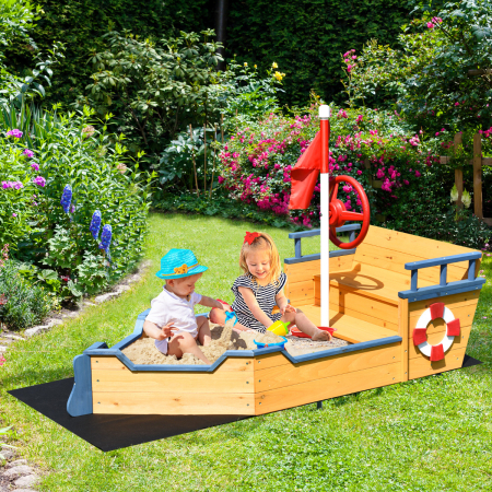 COSTWAY Arenero para Niños con Forma de Barco de Piratas de Madera con Banco Caja de Arena Exterior Patio Césped Jardín Playa
