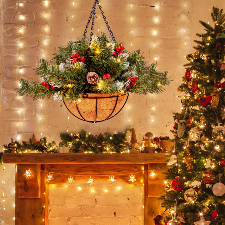 Costway Cesta de Navidad Artificial Preiluminada para Colgar Árboles de Nvadad para la decoración 40 x 45 cm Verde