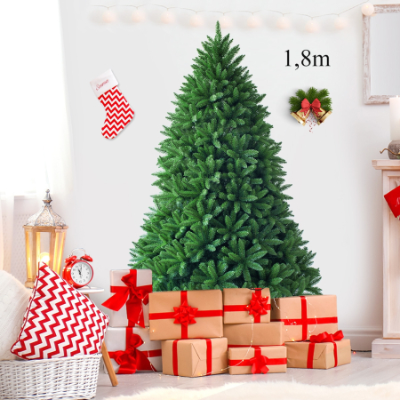 1,8m Árbol de Navidad No Iluminado con 1250 Ramas Abeto Artificial con Base de Metal Resistente Verde