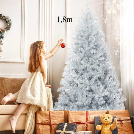 1,8m Árbol de Navidad con 1036 Ramas Abeto Artificial con Base Sólida de Metal Decoración de Interior y Exterior Plata
