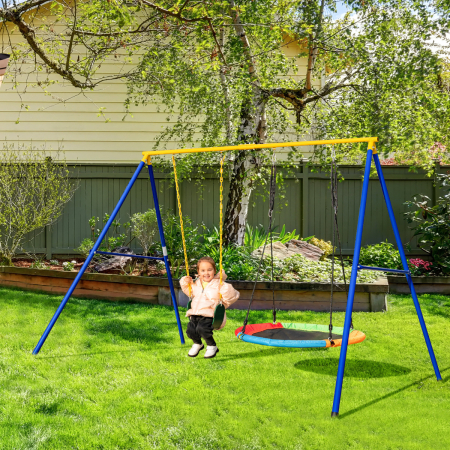 COSTWAY Set de 2 Columpios para Niños Columpio Elástico y de Platillo Volador para Árbol Cuerdas Regulables para Patio Parque Infantil Jardín