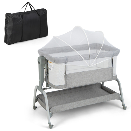 Cuna de bebé 3 en 1, mecedora para bebé, cama de noche, cuna ajustable,  cuna mecedora ajustable con colchón, cesta de almacenamiento y mosquitera