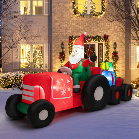 Costway Decoración Navideña Hinchable Papá Noel Conduciendo un Tractor con Luces LED y Soplador para Interior Exterior Fiestas