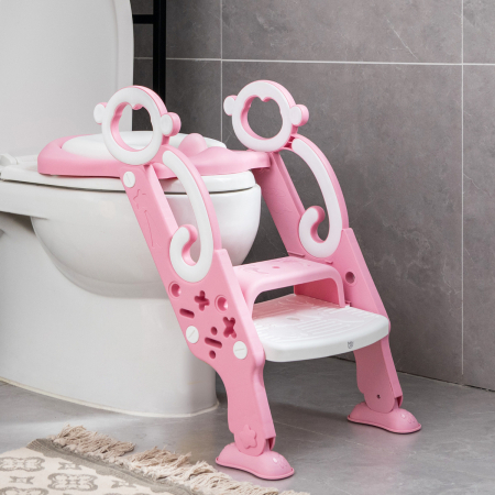Costway Escalera para WC para Niños Altura Adecuada 39-42 cm Taburete Regulable Plegable Asiento Acolchado Escalones Amplios Antideslizantes Rosa