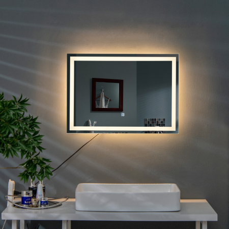 Costway Espejo de Baño con LED Montado a la Pared con 3 Colores Brillo Ajustable Botón Inteligente Espejo Retroiluminado 70 x 50 x 4 cm
