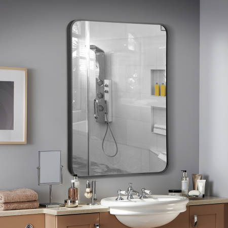 Espejo de Baño de Pared 56 x 76,5 cm con Marco Metálico de Aleación de Aluminio Espejo Se Cuelga Horizontal y Verticalmente Negro