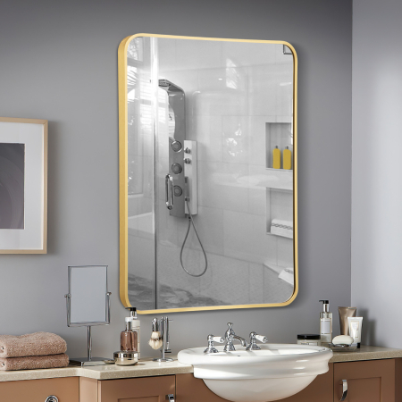 Espejo de Baño de Pared 56 x 76,5 cm con Marco Metálico de Aleación de Aluminio Espejo Se Cuelga Horizontal y Verticalmente Oro