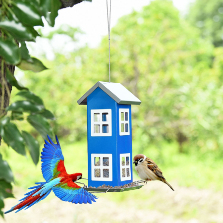 Comedero de Pájaros Casa para Pájaros de Exterior con Cuerda para Colgar y Base para Jardín Patio Alféizar Azul 12 x 12 x 26 cm