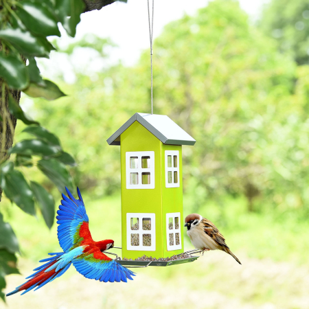 Comedero de Pájaros Casa para Pájaros de Exterior con Cuerda para Colgar y Base para Jardín Patio Alféizar Verde 12 x 12 x 26 cm
