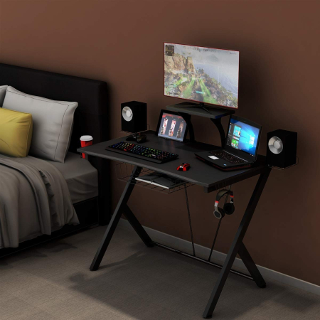 Mesa para Gaming Ergonómica Escritorio para Computadora Juego con Gancho Portavasos y Soporte para Auriculares Negro