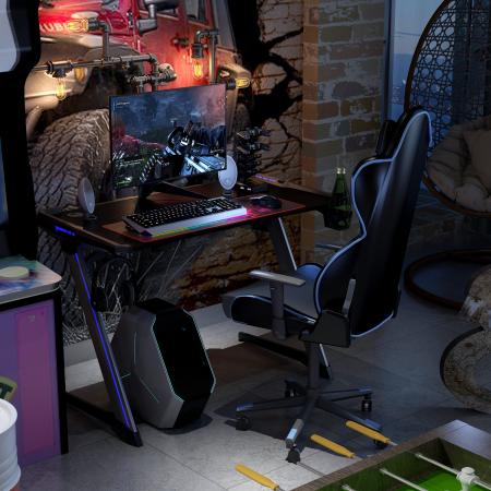 Escritorio de Gaming Ergonómico con Luces RGB Escritorio para Videojuegos con Portavaso Porta Auriculares Porta USB Alfombrilla para el Ratón Negro 119,5 x 62 x 76 cm