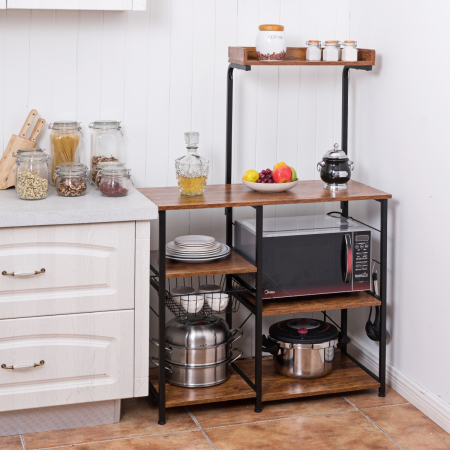 Estante de Cocina para Microondas con Repisas Vintage Cesta de Red y 5 Ganchos Fácil de Montar 90 x 40 x 138 cm