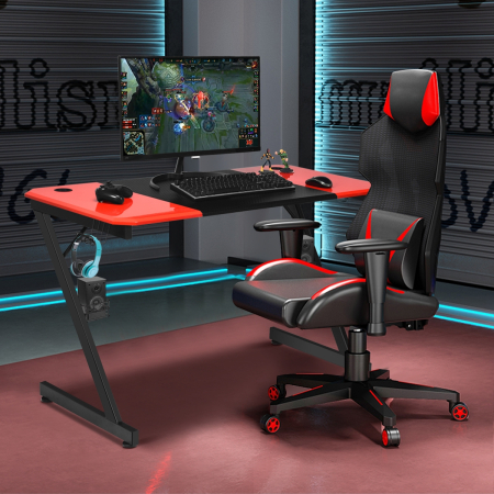 Escritorio de Gaming con Superficie en Fibras de Carbono con Forma de Z para Ordenador para Casa Oficina Negro + Rojo 120 x 60 x 76 cm