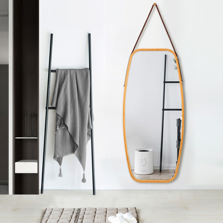 Espejo del Baño Montado a la Pared con Estructura de Bambú y Tira en Cuero Regulable para Salón Dormitorio Entrada 99 x 45 x 1,5 cm 